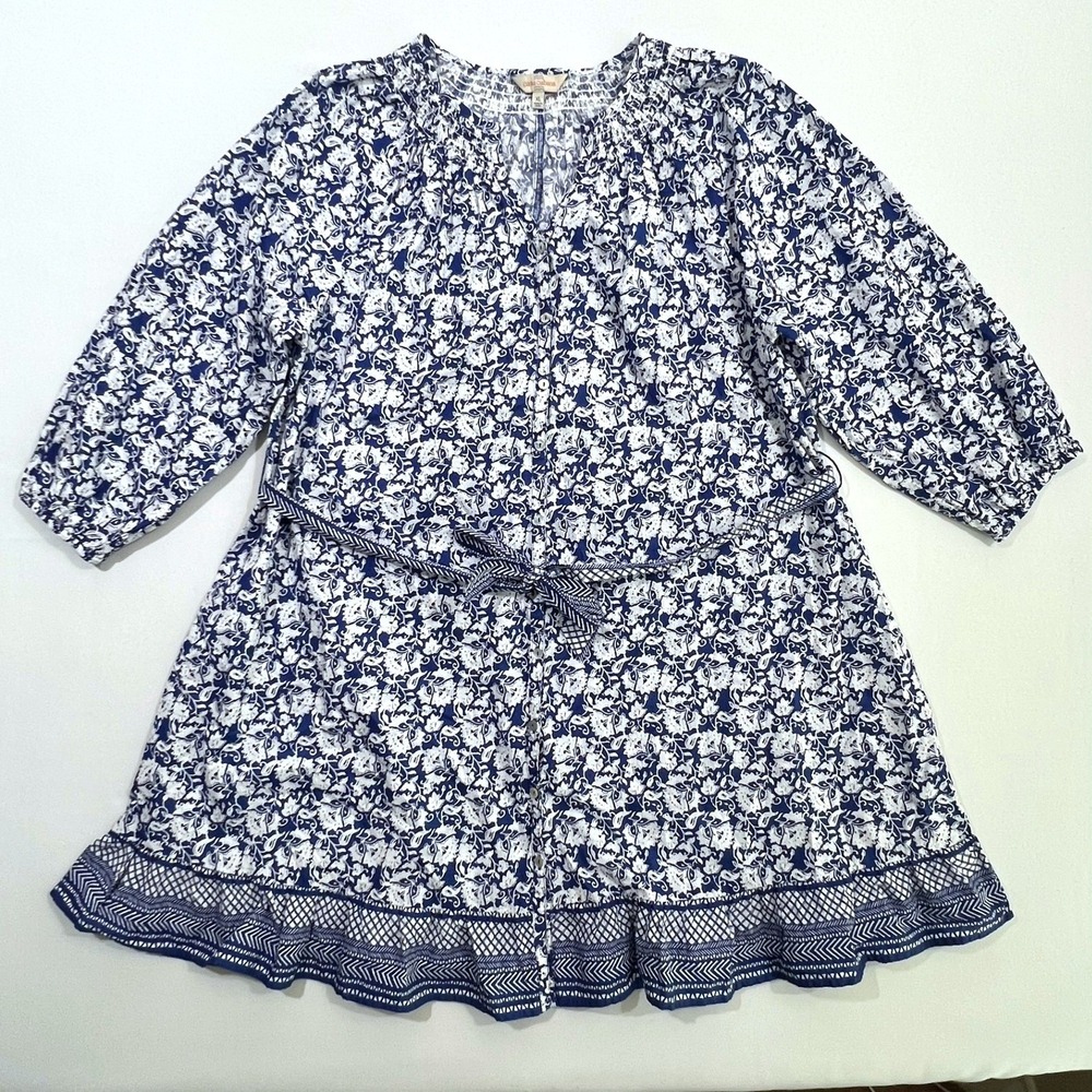 Casa Cabana Dress Women's XL Blue White‎ Floral Cotton Button Down Smocked Belt